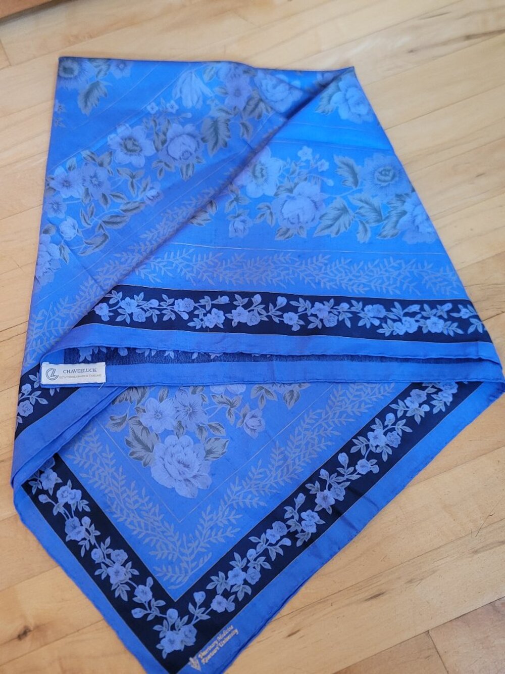Chaveeluck 100% silk scarf Thailand Blue Naresuan University Floral Rose Wrap
